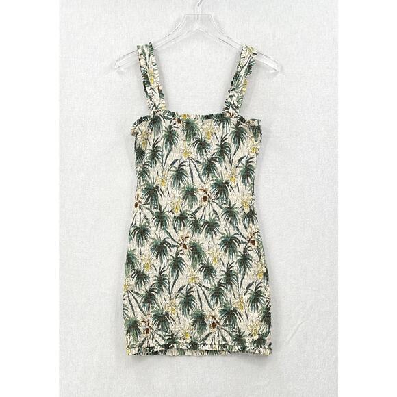 MIKOH Magnolia Mini Dress Womens Large Cream Green Smocked Shirred Palm Tree - Picture 3 of 15